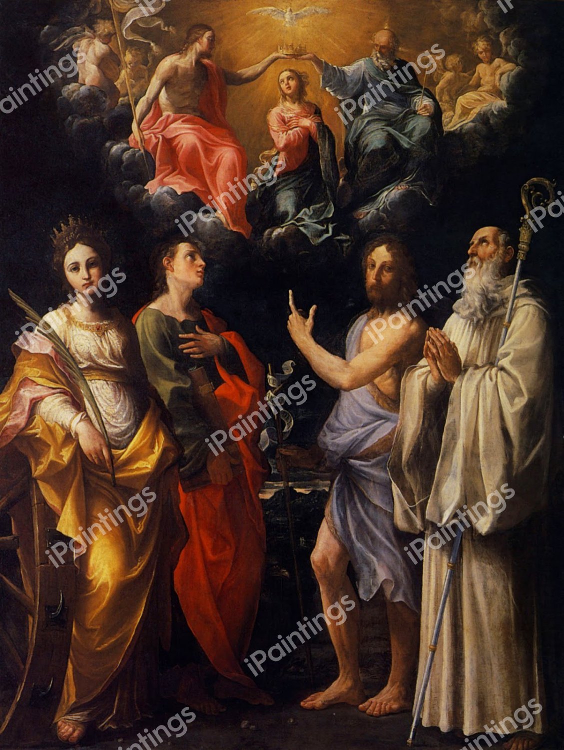 Coronation of the Virgin with Saint Catherine of Alexandria, Saint John the Evangelist, and Saint John the Baptist. The painting by Guido Reni