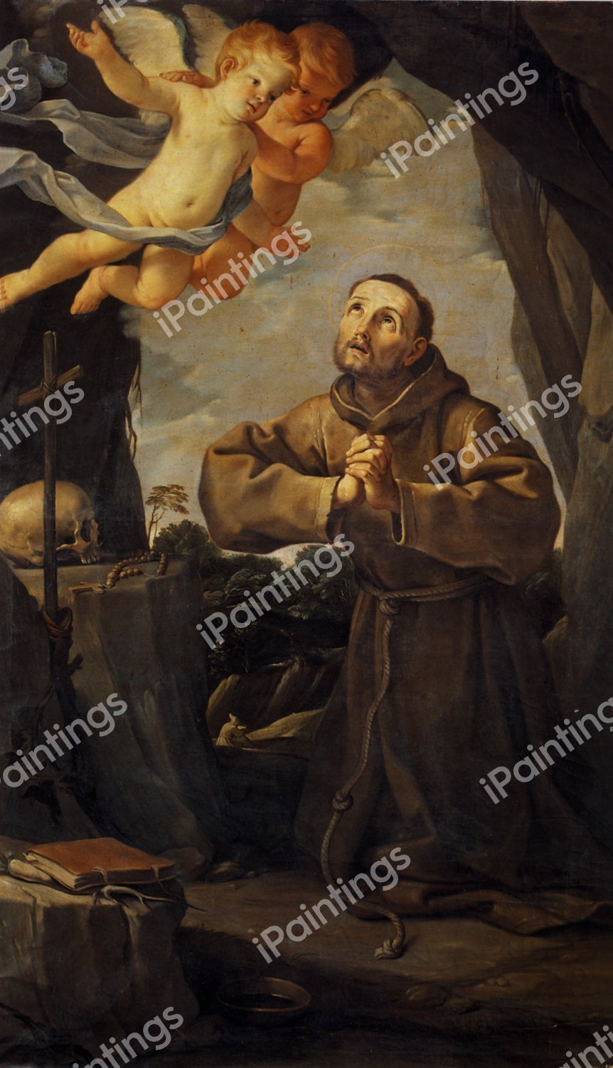 St. Francis in Prayer with Two Angels. The painting by Guido Reni
