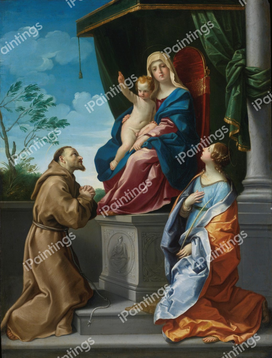 The Virgin and Child Enthroned with Saints Francis and Catherine. The painting by Guido Reni