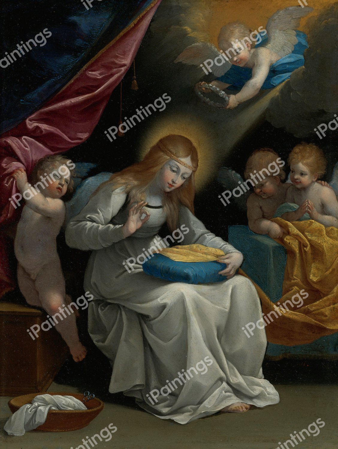 The Virgin Sewing, Accompanied by Four Angels. The painting by Guido Reni