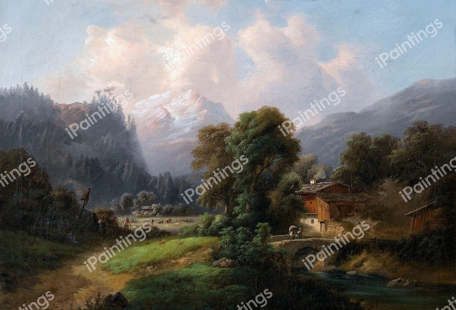 Summer Mountain Landscape with Farmers and a House. The painting by Gustav Barbarini