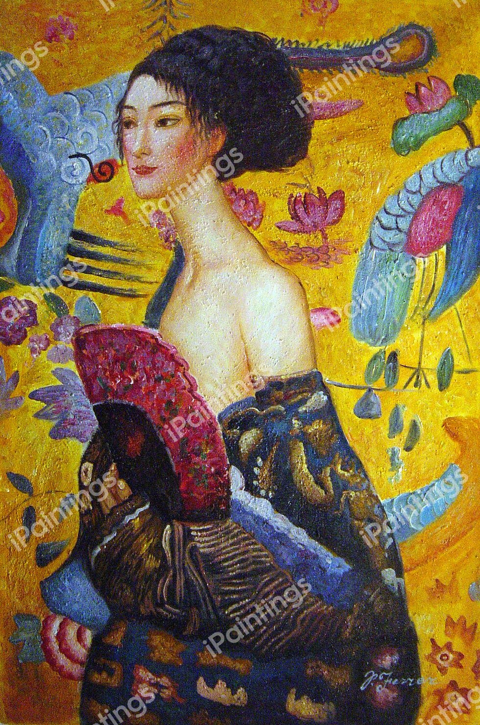 Lady With A Fan. The painting by Gustav Klimt