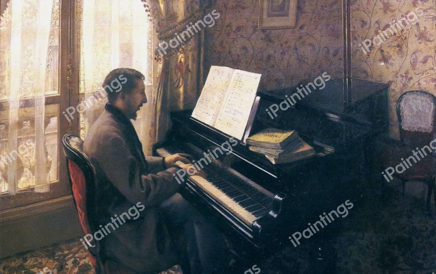 A Young Man Playing the Piano. The painting by Gustave Caillebotte
