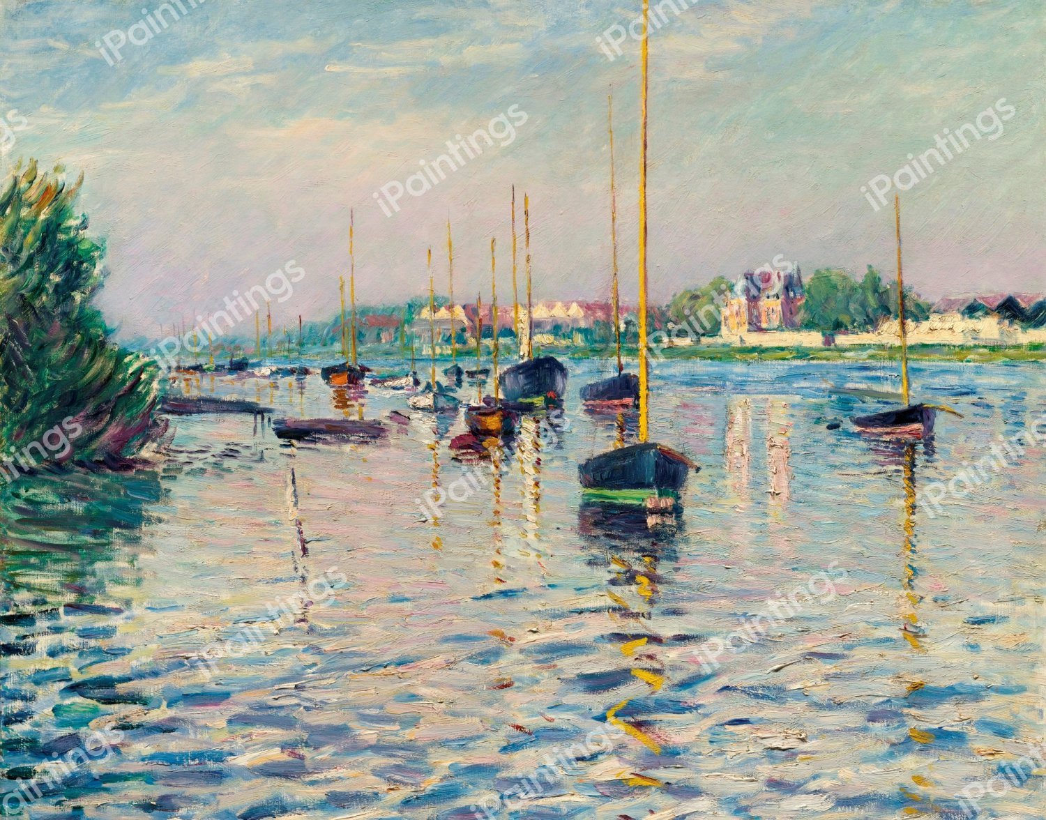 Boats in Anchor on the Seine in Argenteuil. The painting by Gustave Caillebotte