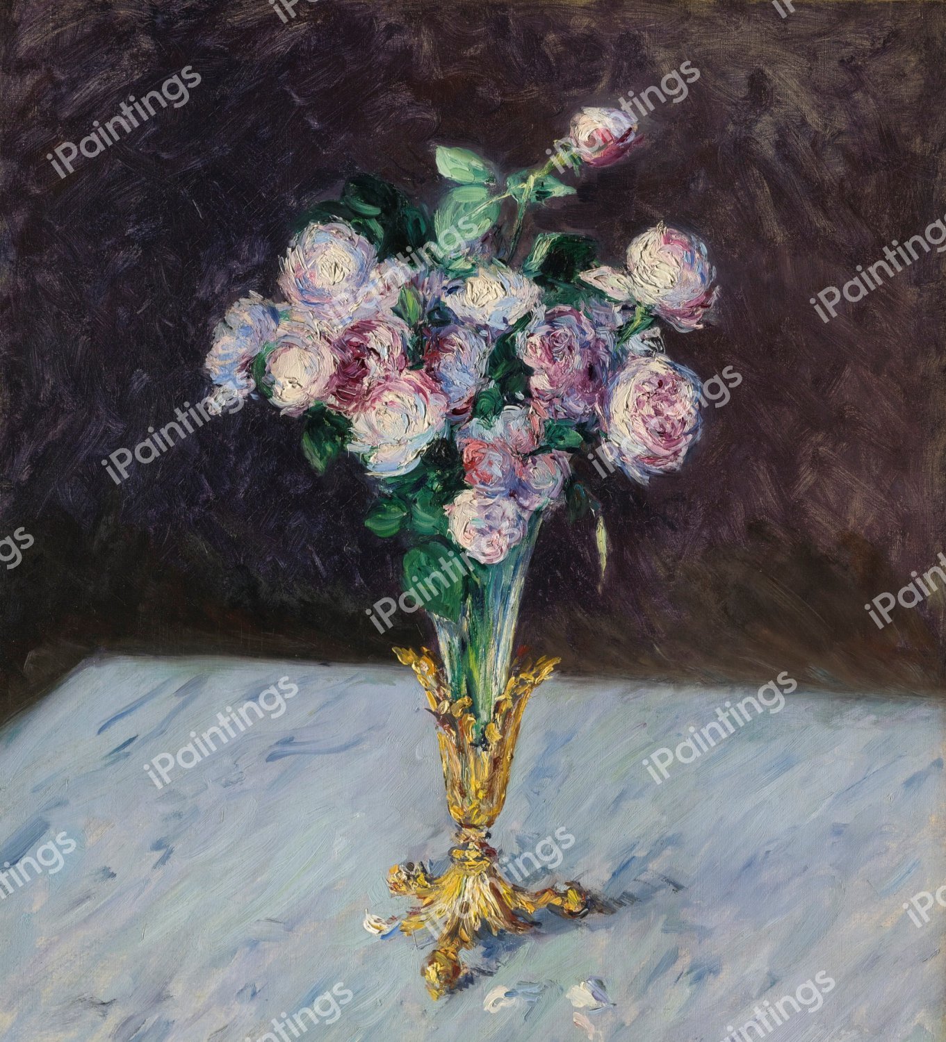 Bouquet of Roses in a Crystal Vase. The painting by Gustave Caillebotte