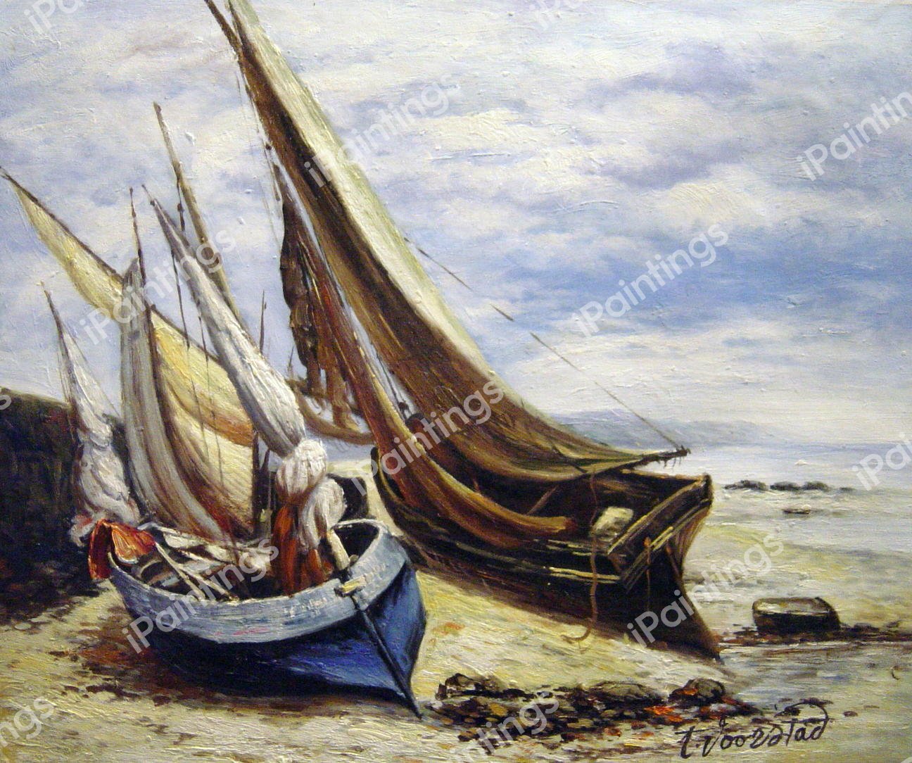 Fishing Boats On The Deauville Beach. The painting by Gustave Courbet