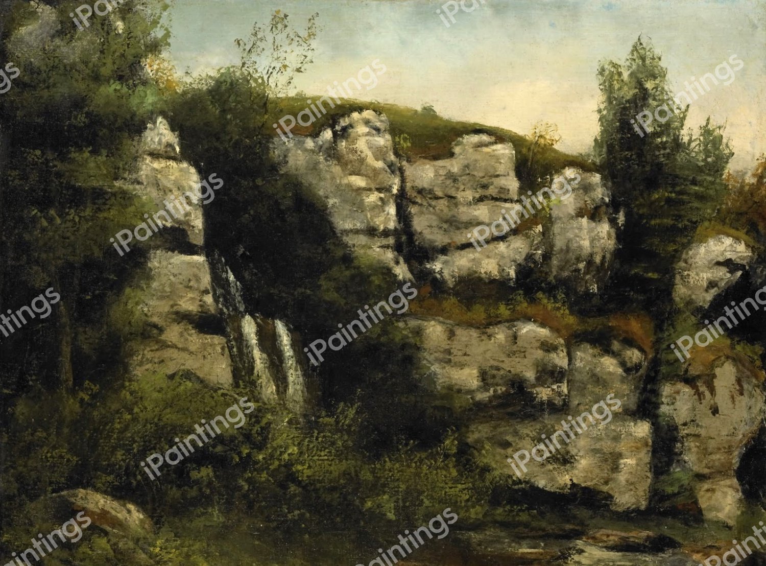 Landscape with Rocky Cliffs and a Waterfall. The painting by Gustave Courbet