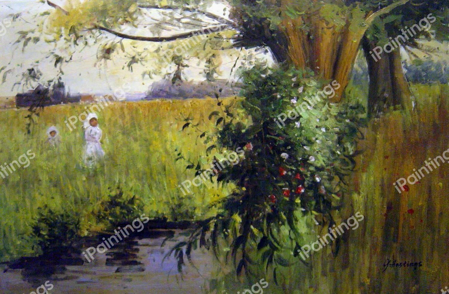 Collecting Flowers By The Stream. The painting by Hector Caffieri