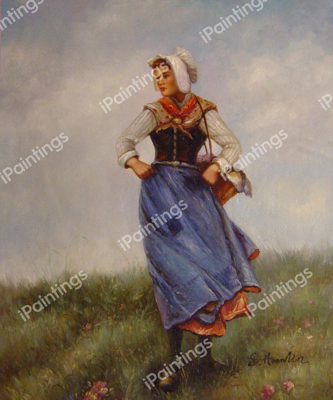 The Breton Fishergirl. The painting by Hector Caffieri