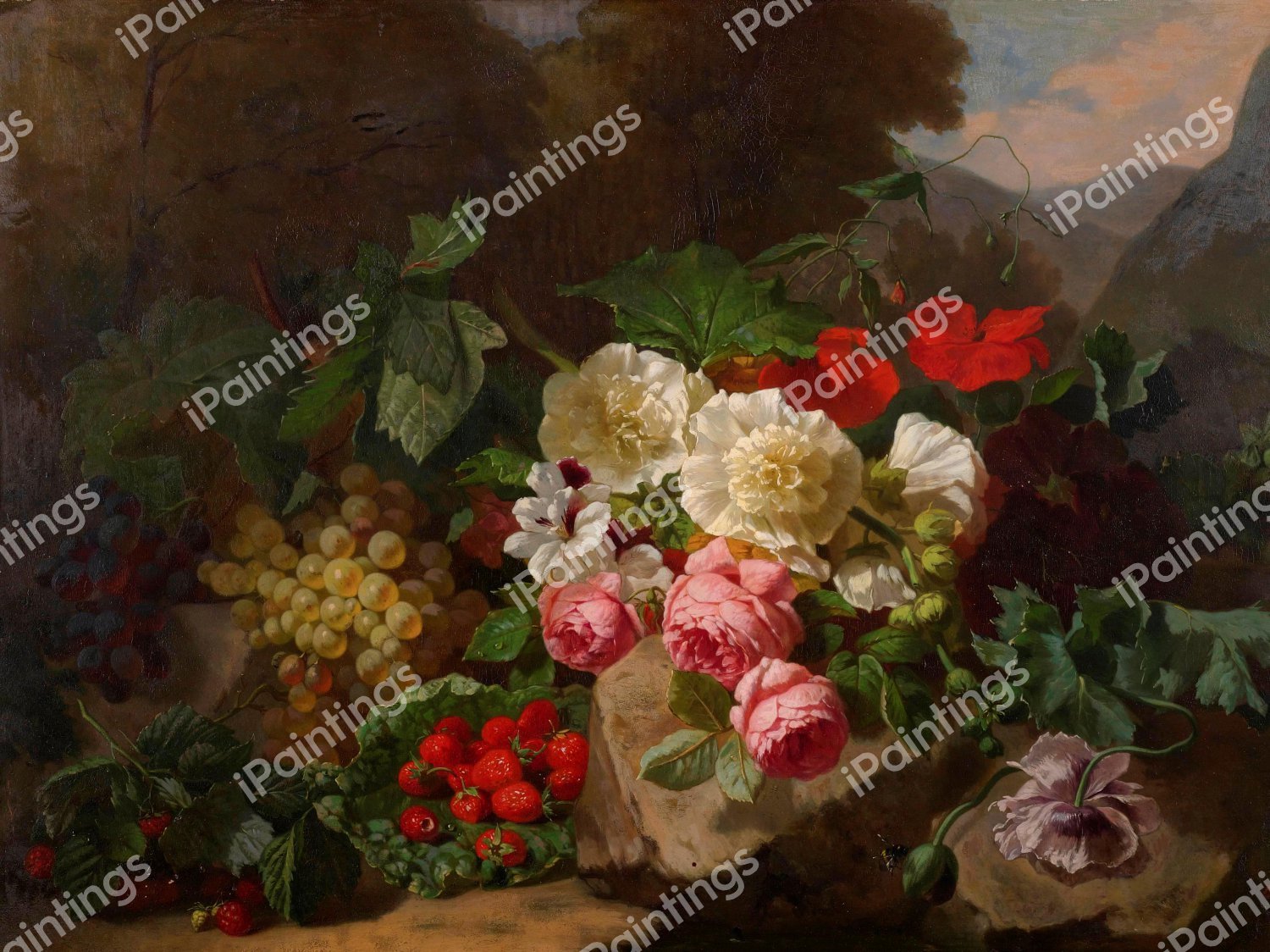 A Still Life with Flowers and Fruit. The painting by Henri Robbe