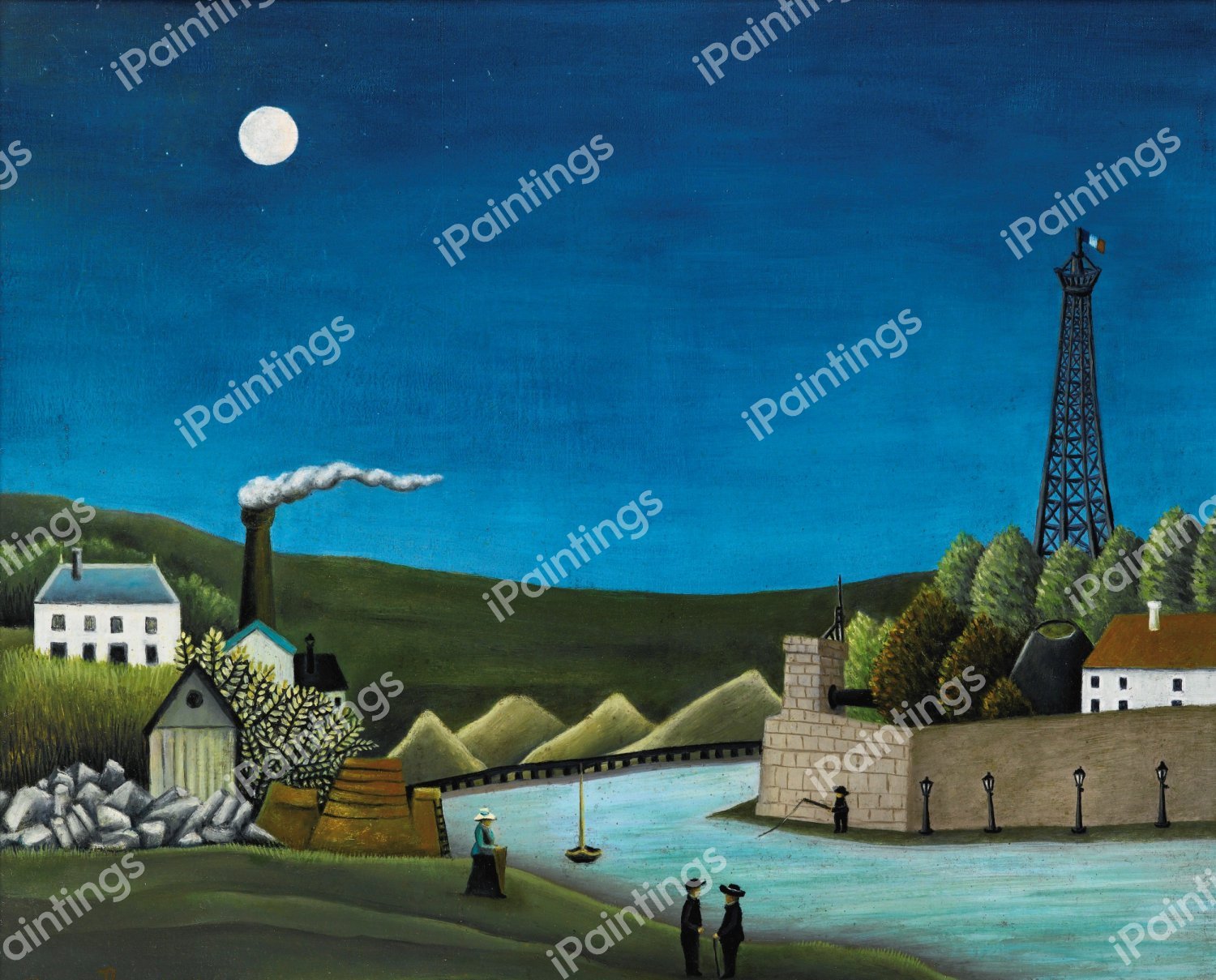 Seine and the Eiffel Tower at Sunset. The painting by Henri Rousseau