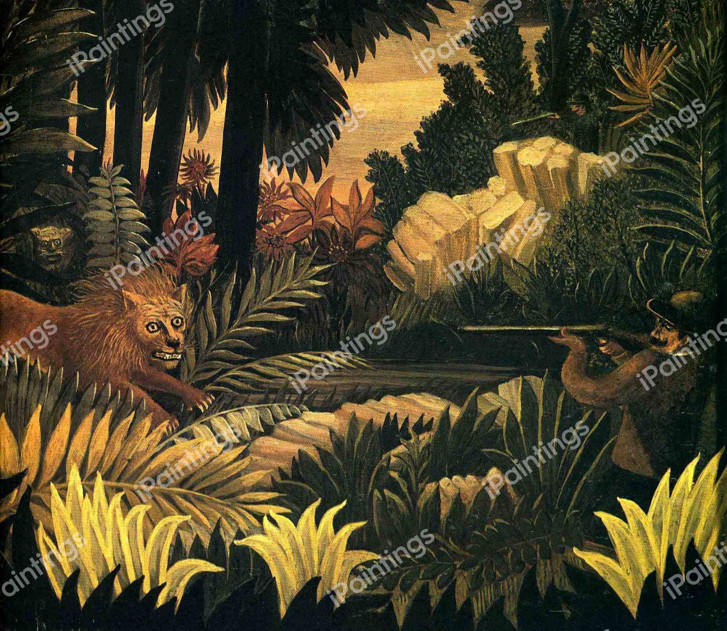 The Lion Hunter. The painting by Henri Rousseau
