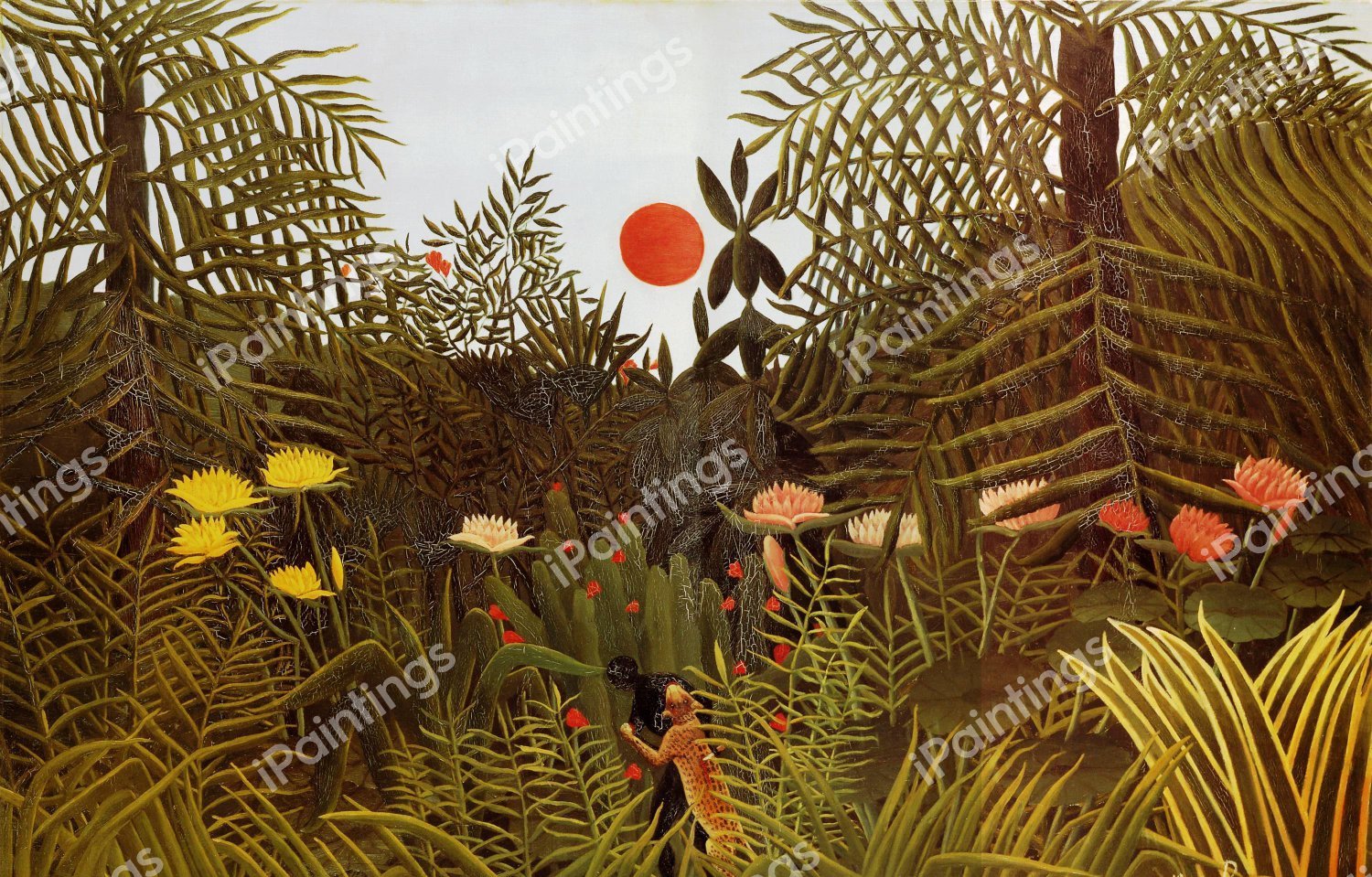 Virgin Forest with Setting Sun. The painting by Henri Rousseau