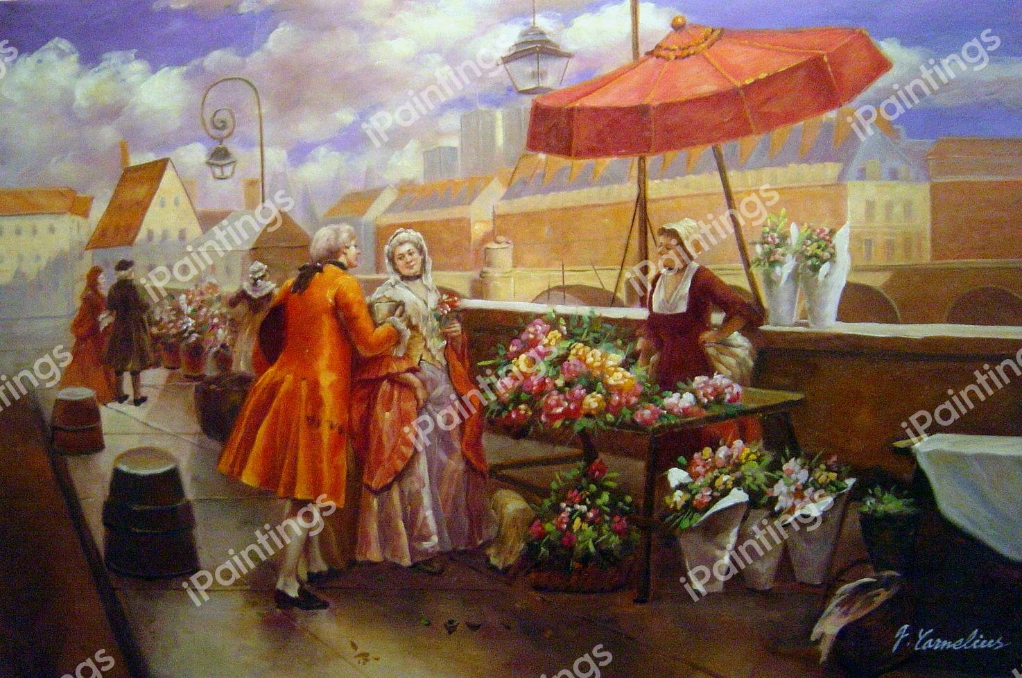 A Flower-Seller Along The Seine. The painting by Henri Victor Lesur