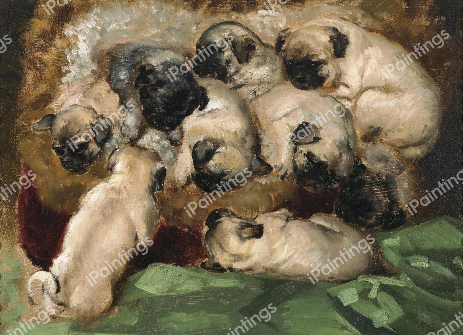 A Litter of Pugs. The painting by Henriette Ronner-Knip