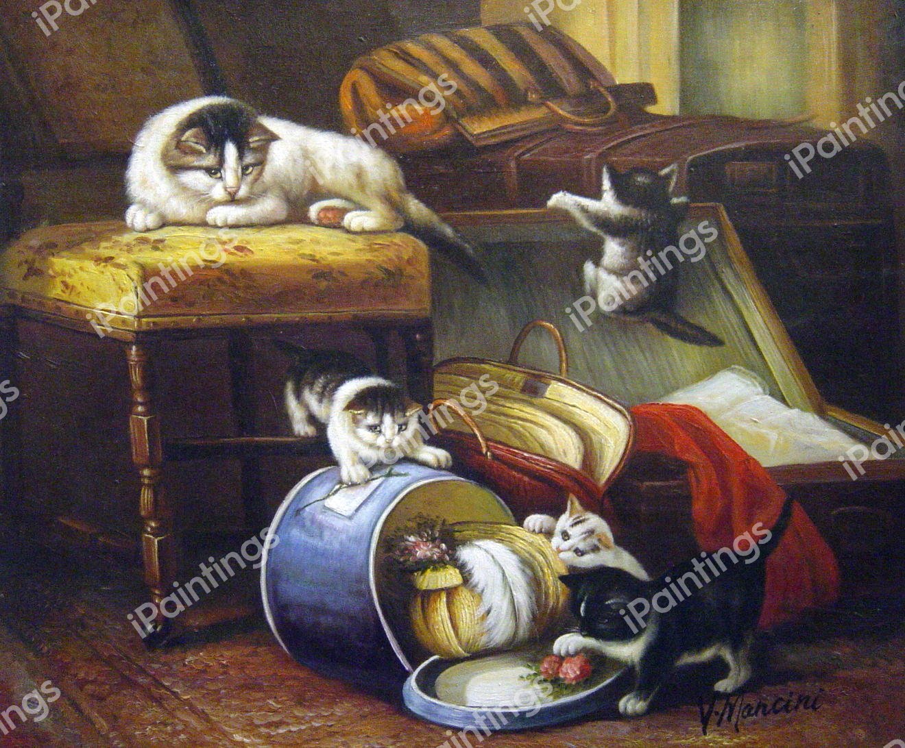 Kittens And The New Hat. The painting by Henriette Ronner-Knip