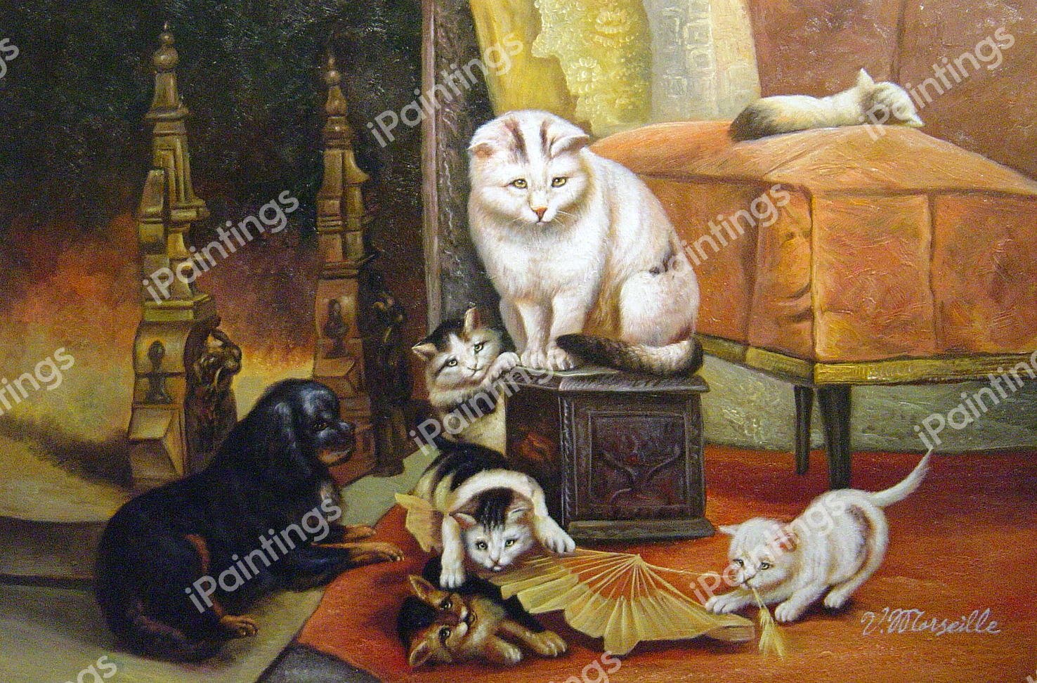 Kittens Under Watchful Eye Of King Charles Spaniel And Cat. The painting by Henriette Ronner-Knip