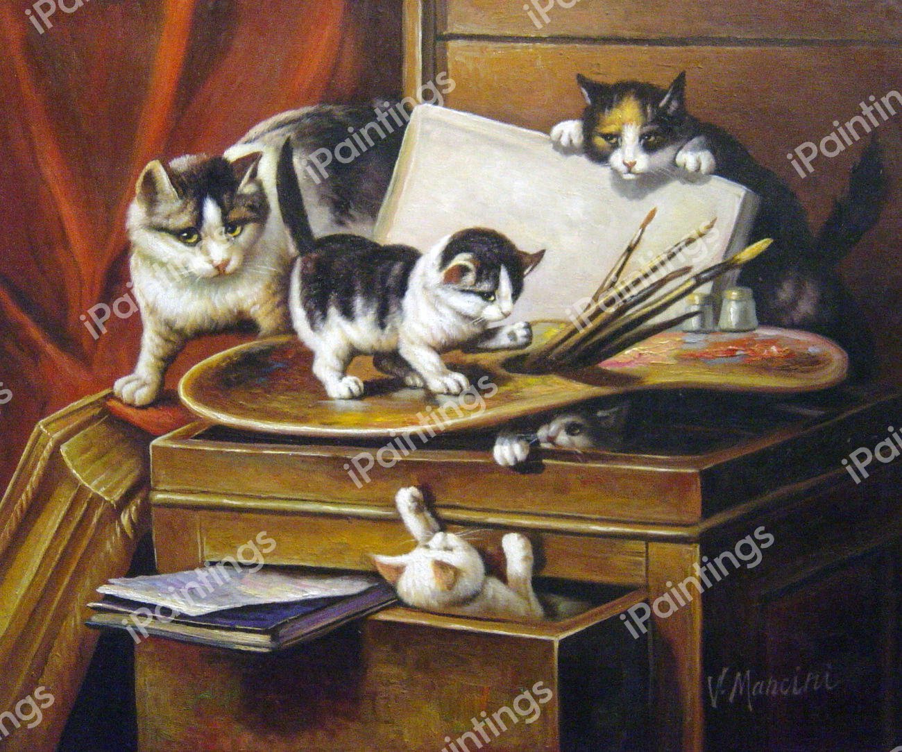 Painting Lesson Part II With Cat And Kittens. The painting by Henriette Ronner-Knip