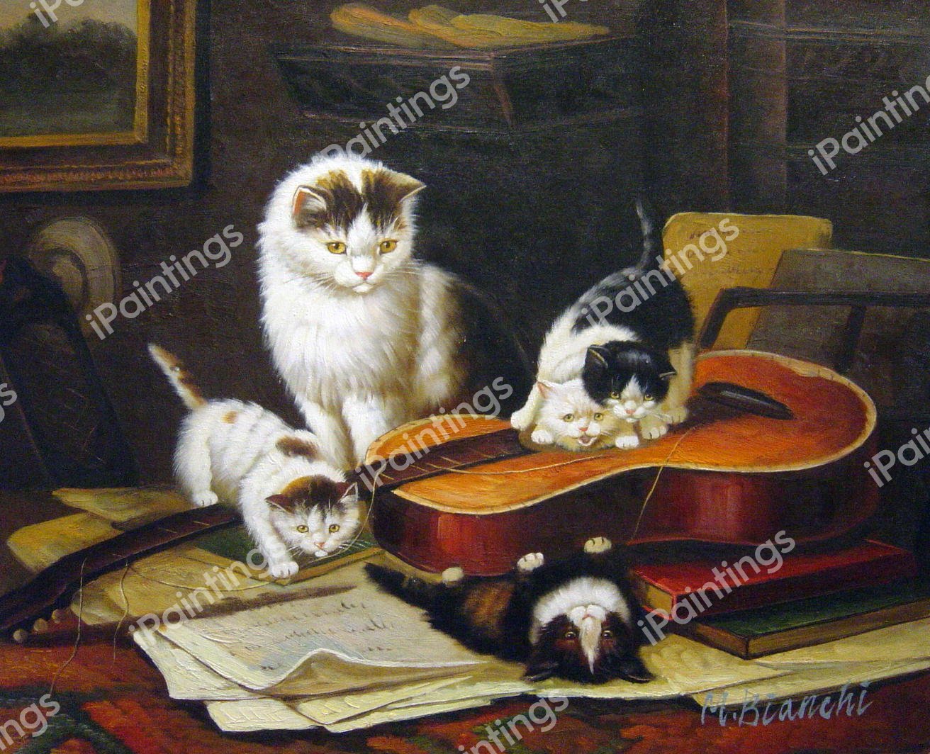 Playing With The Guitar. The painting by Henriette Ronner-Knip