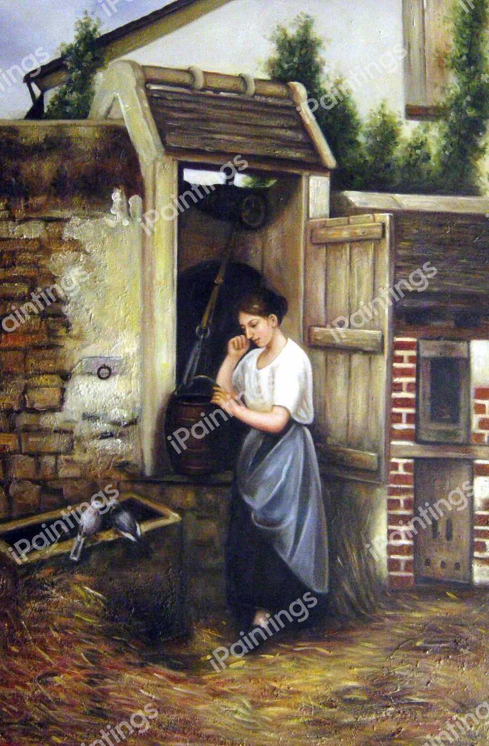 Peaseant Girl And Doves. The painting by Henry Mosler