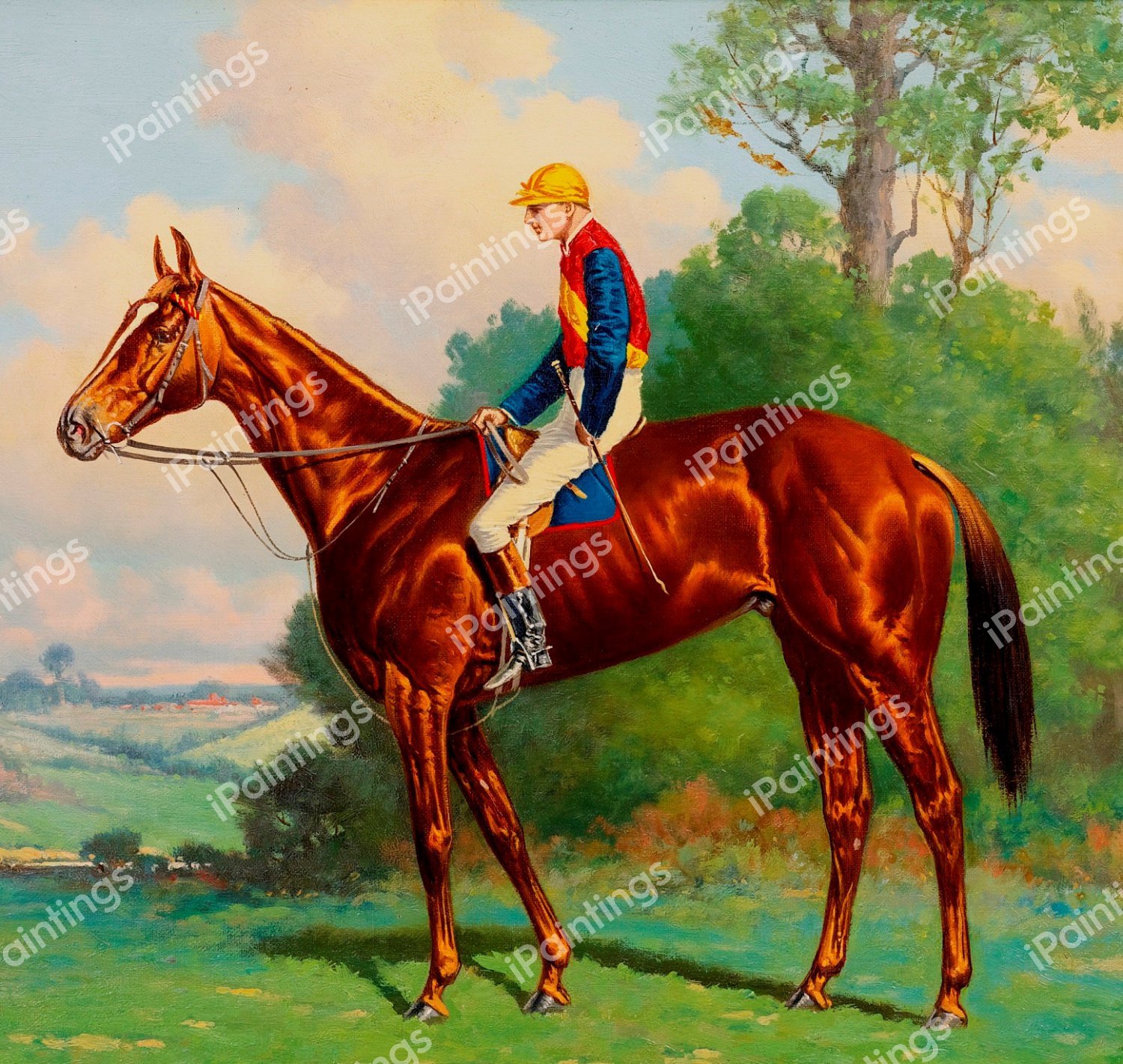 Jockey Up on Bay Horse in Blue, Yellow, and Red Silks. The painting by Henry Stull