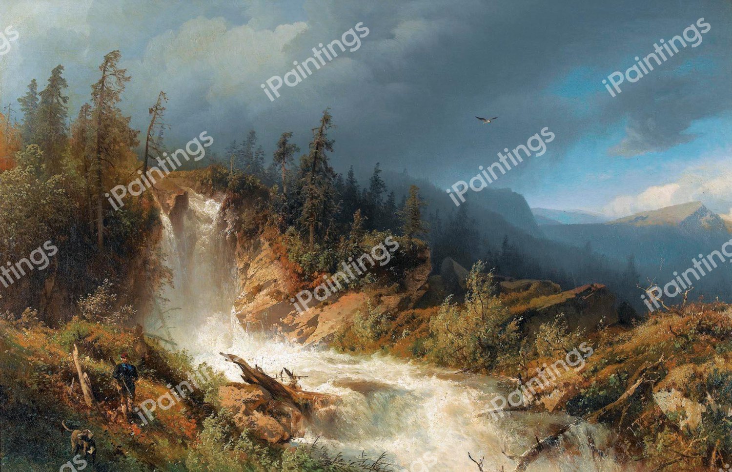 A Wild Mountain Landscape with Waterfall and Hunter. The painting by Hermann Herzog