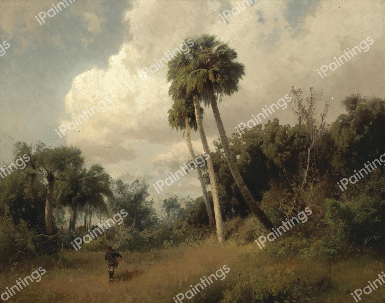 Hunter among Windswept Palms and Passing Clouds. The painting by Hermann Herzog