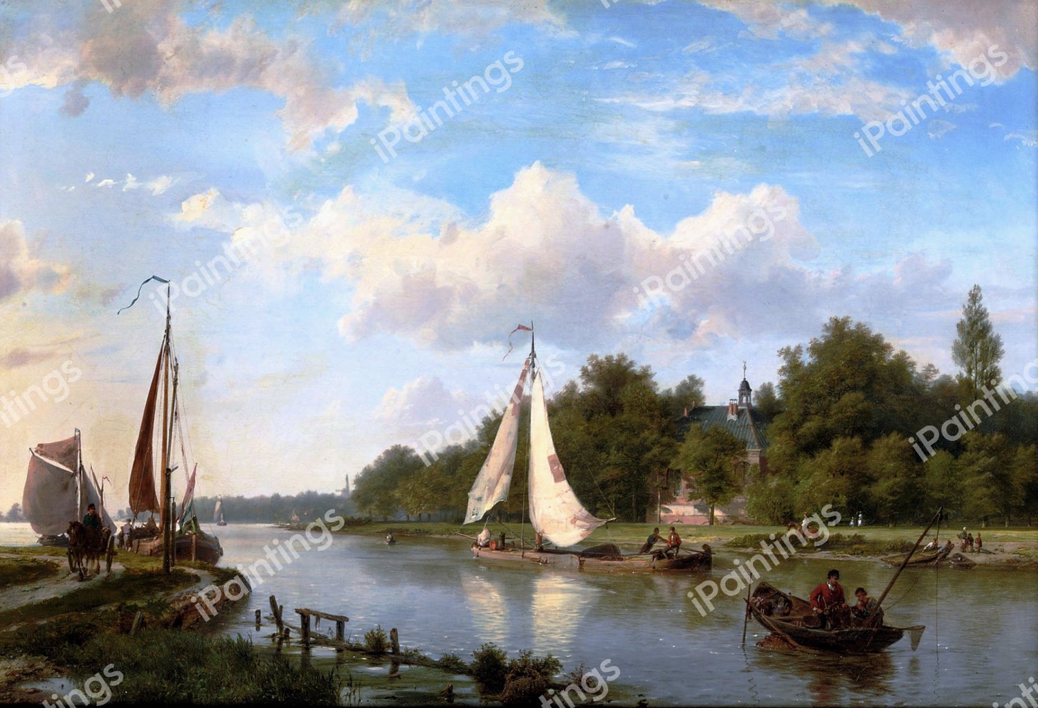 Along the River on a Sunny Afternoon. The painting by Hermanus Koekkoek Sr