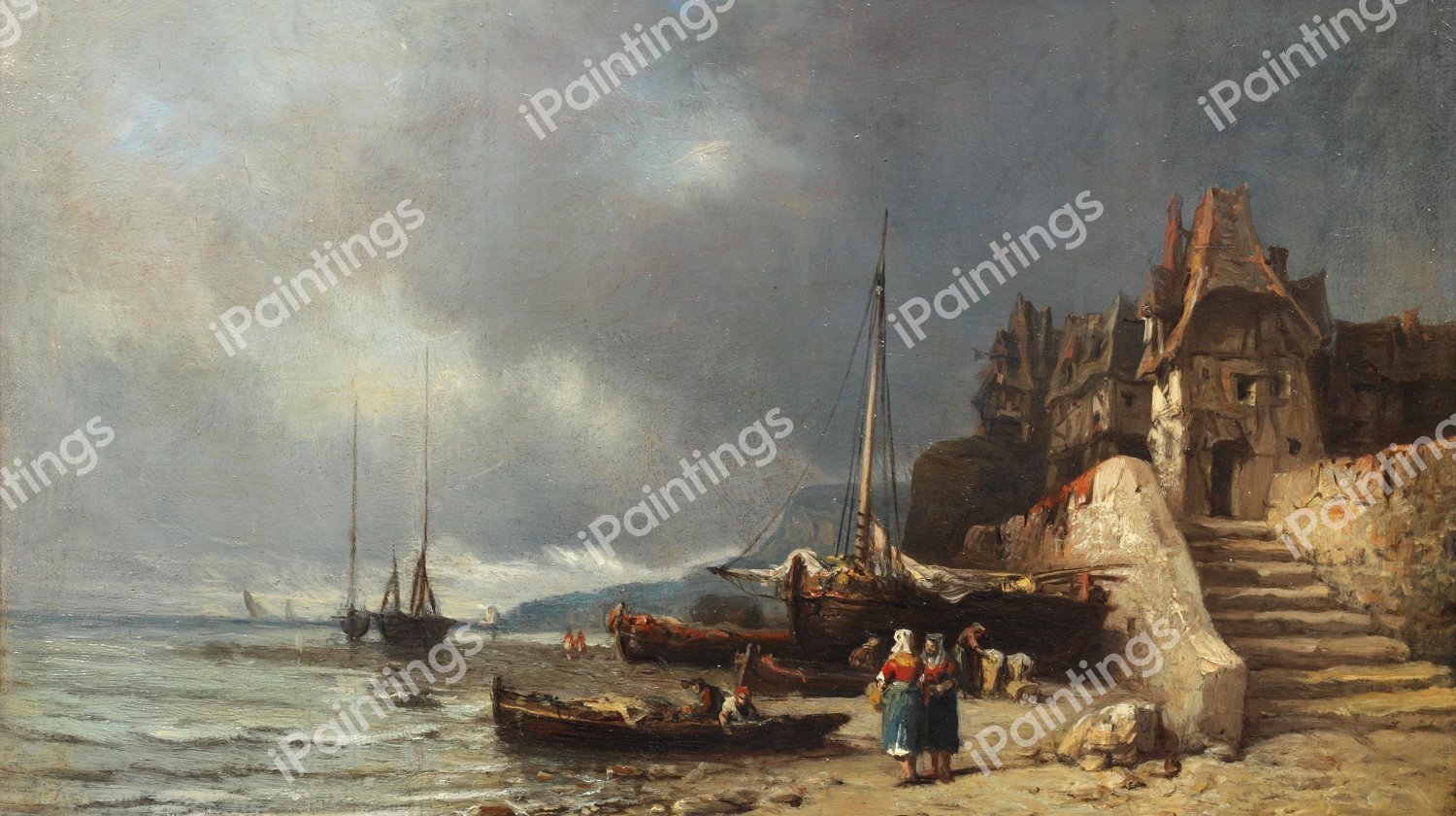 Coastal Scene with Figures under Stormy Skies. The painting by Hermanus Koekkoek Sr