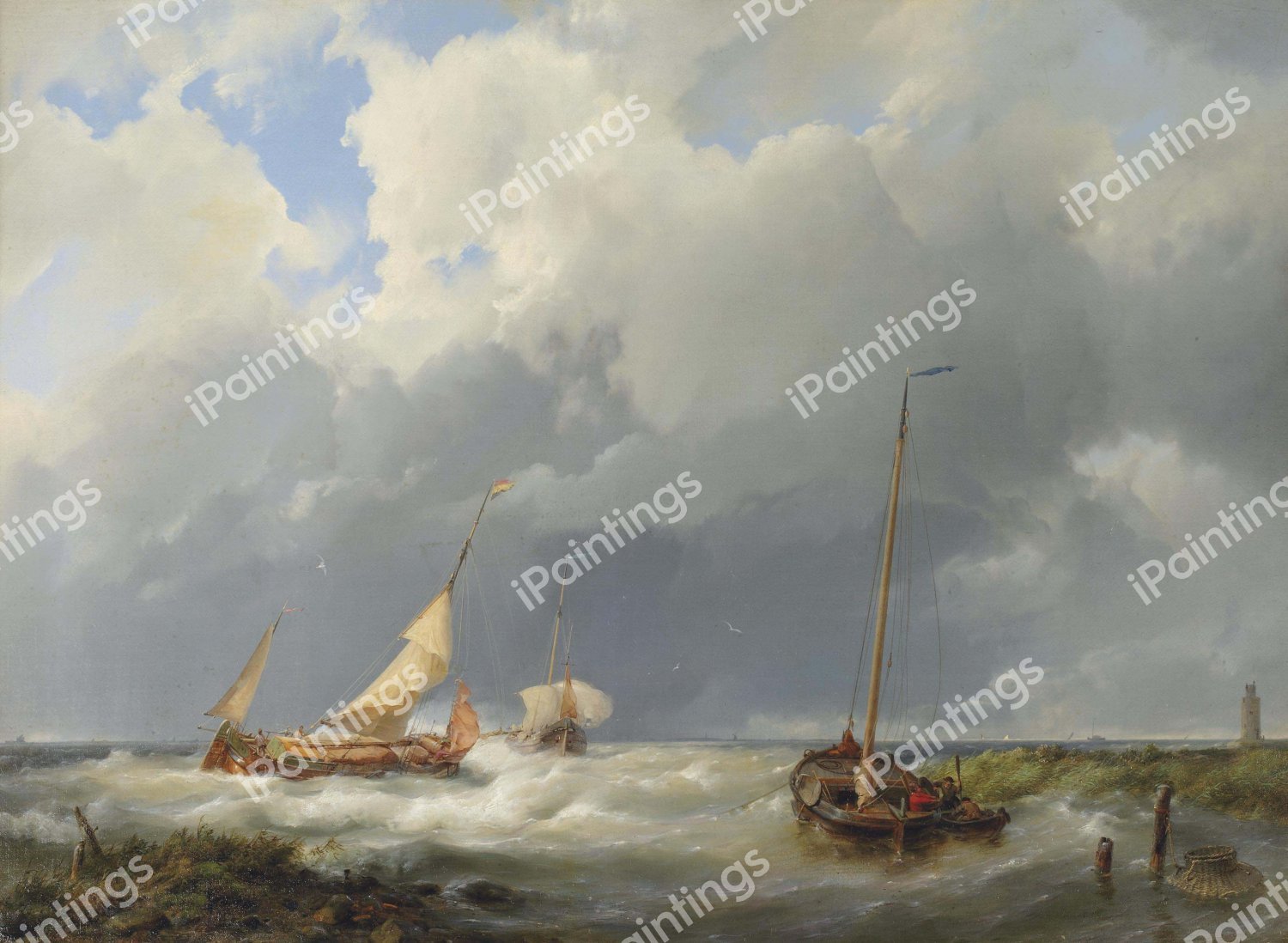 Coastal Scene with Fishing Vessels. The painting by Hermanus Koekkoek Sr