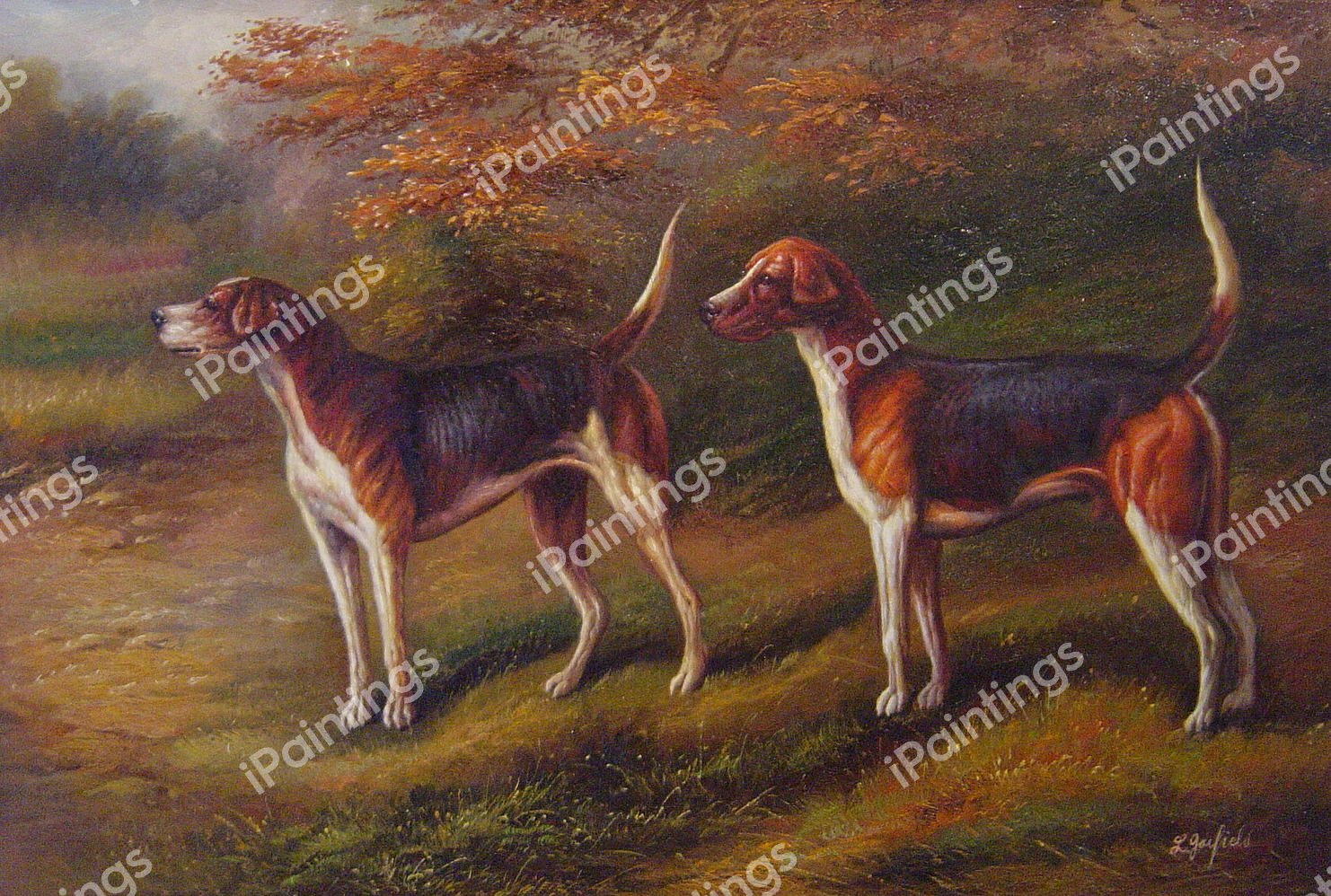 Chorister and Norman- A Couple Of Fox Hounds. The painting by Heywood Hardy