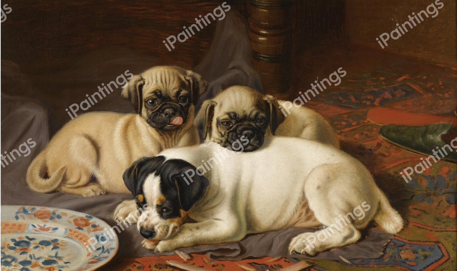 Dinner, Two Pugs and a Terrier. The painting by Horatio Henry Couldery