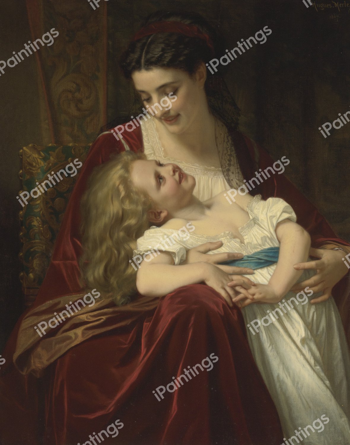 Maternal Affection. The painting by Hugues Merle