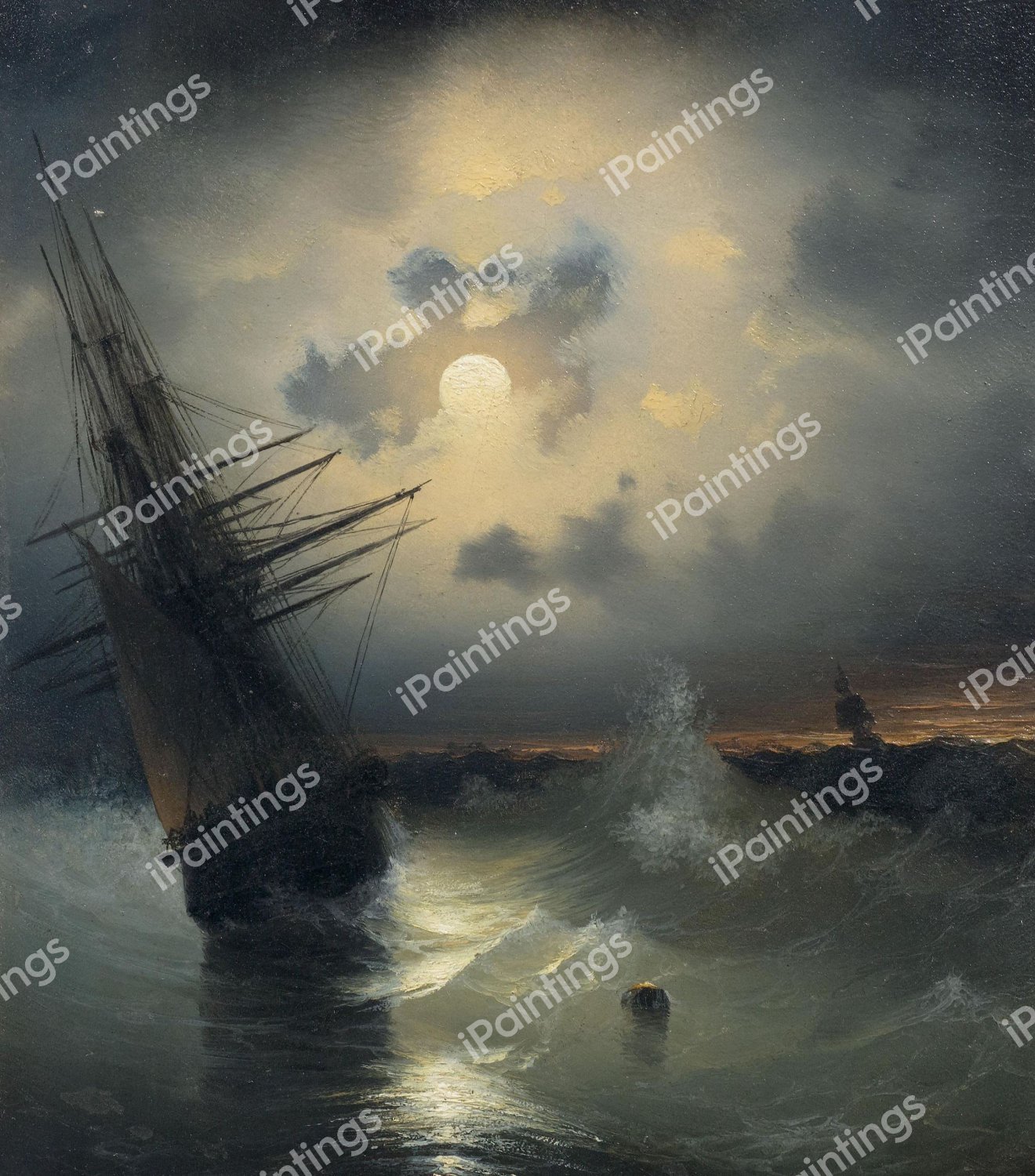 A Sailing Ship on a High Sea by Moonlight. The painting by Ivan Konstantinovich Aivazovsky