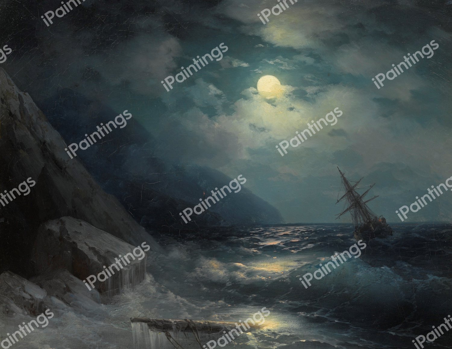 Moonlit Landscape with a Ship. The painting by Ivan Konstantinovich Aivazovsky