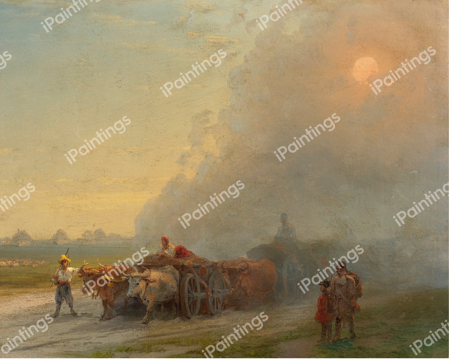 Ox-Carts in the Ukrainian Steppe. The painting by Ivan Konstantinovich Aivazovsky
