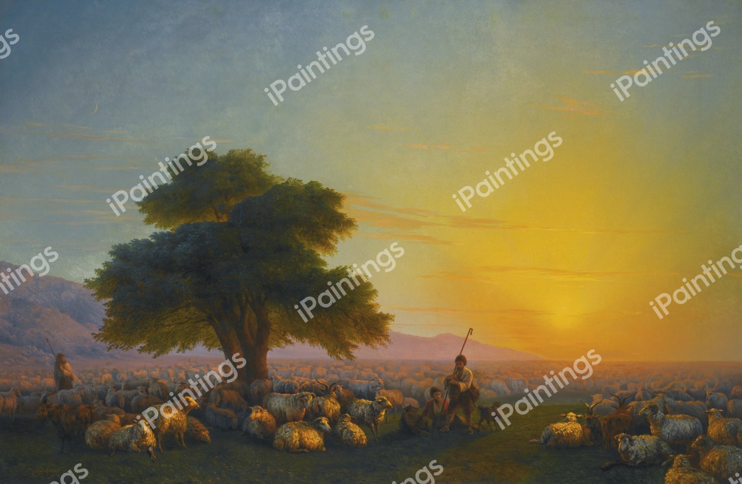 Shepherds with their Flock at Sunset. The painting by Ivan Konstantinovich Aivazovsky