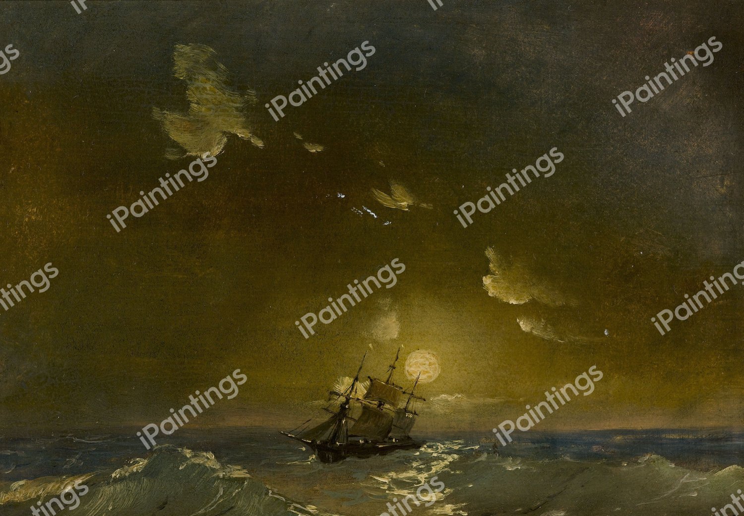 Ship in Moonlit Waters. The painting by Ivan Konstantinovich Aivazovsky