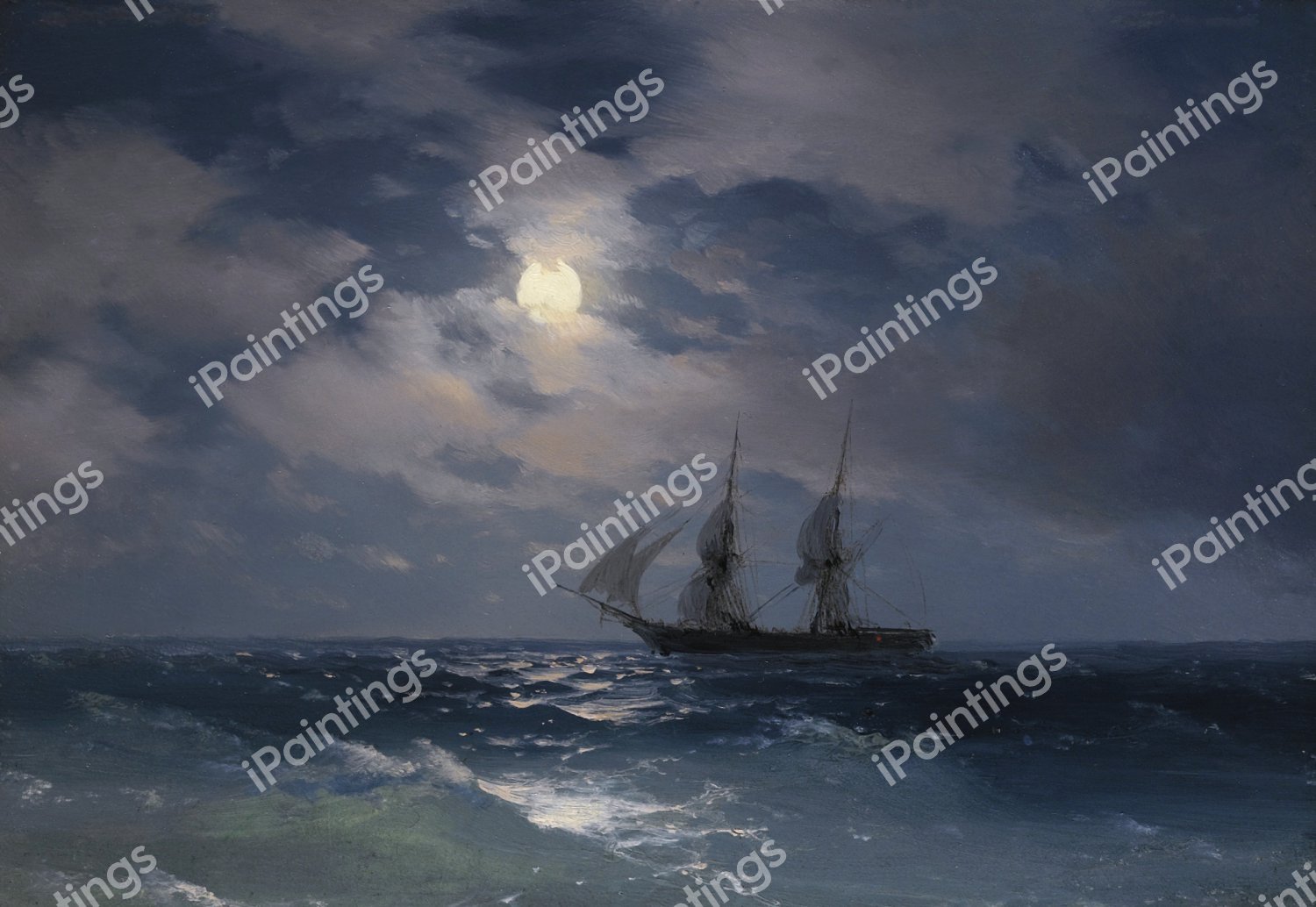 The Brig Mercury in Moonlight. The painting by Ivan Konstantinovich Aivazovsky