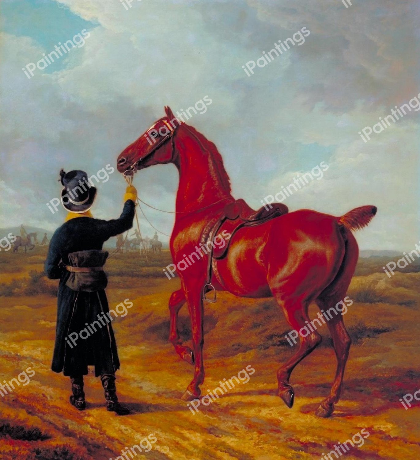 Lord Rivers's Groom Leading a Chestnut Hunter towards a Coursing Party. The painting by Jacques-Laurent Agasse