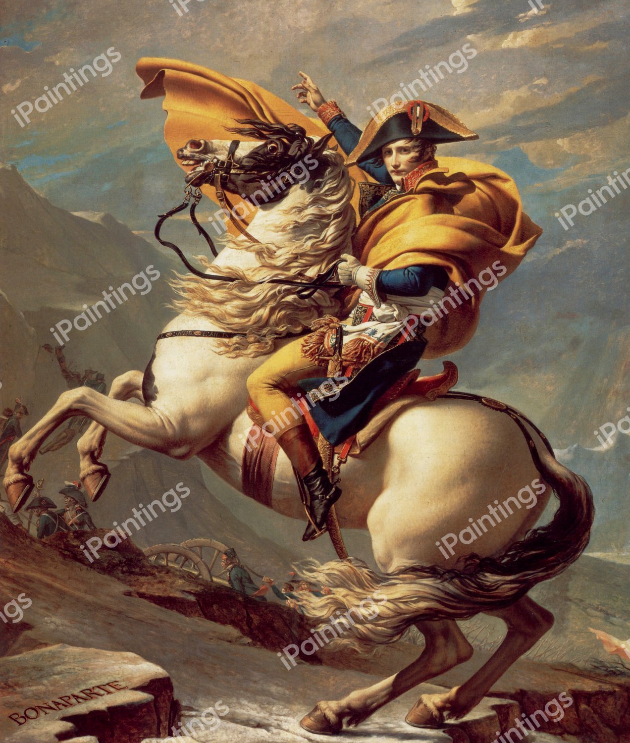 A View of Napoleon Crossing the Alps. The painting by Jacques-Louis David