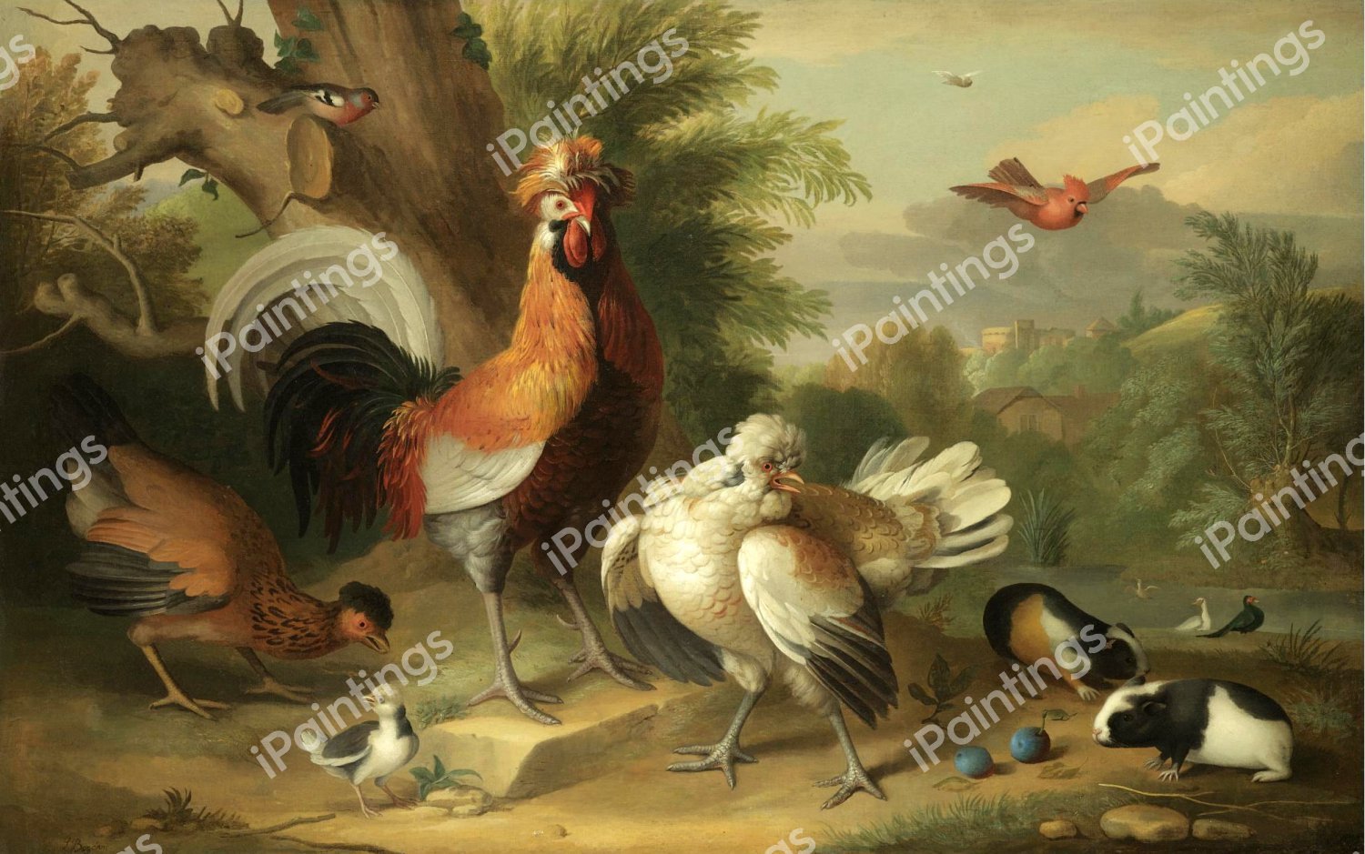 A Cockerel, Chickens, and other Birds with Guinea Pigs in a Landscape. The painting by Jakob Bogdany