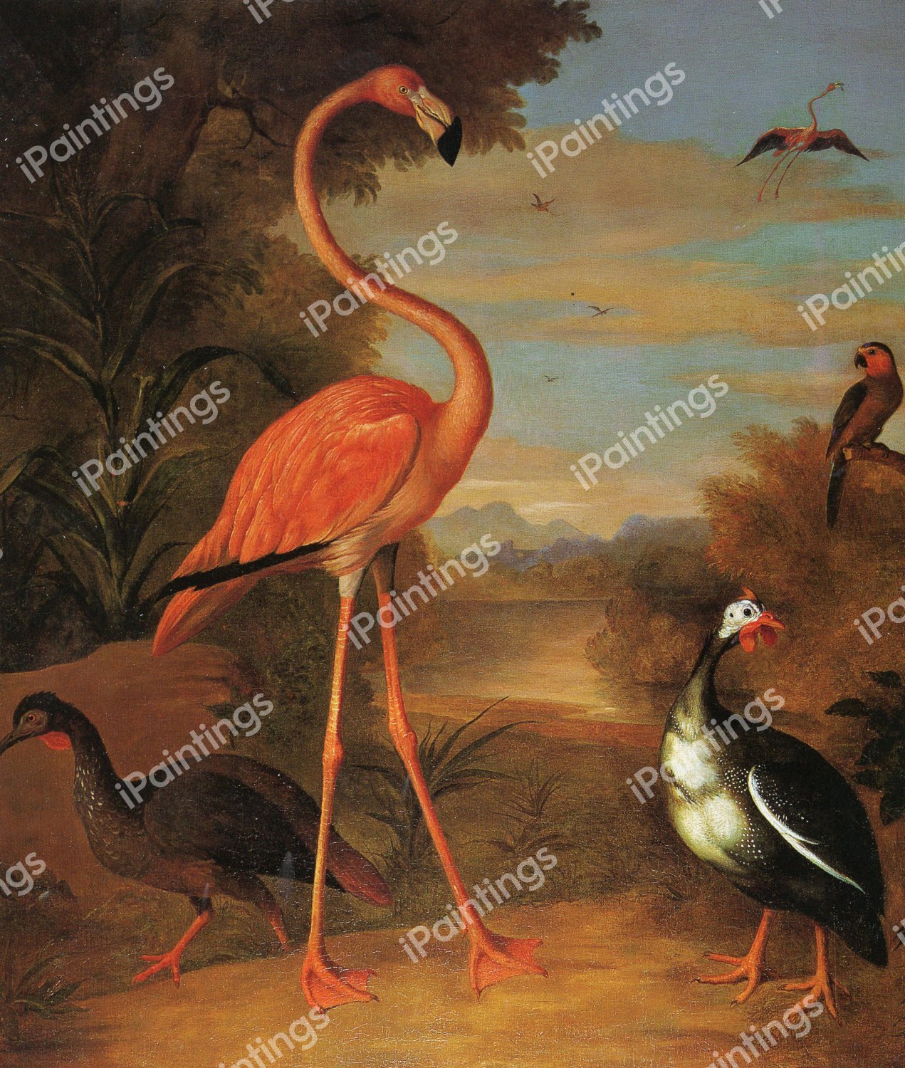 A Flamingo, Peahen and Parakeet in an Exotic River Landscape. The painting by Jakob Bogdany