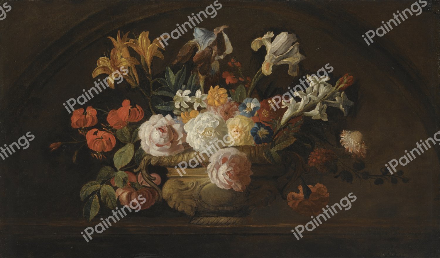 Still Life of Flowers in a Vase on a Marble Shelf. The painting by Jakob Bogdany