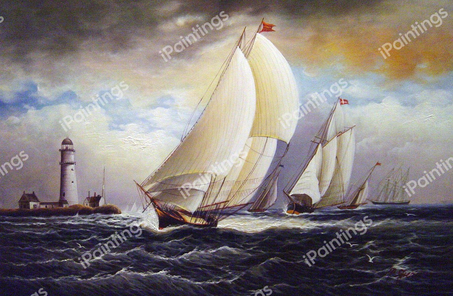 A Yacht Race Near Lighthouse. The painting by James Edward Buttersworth