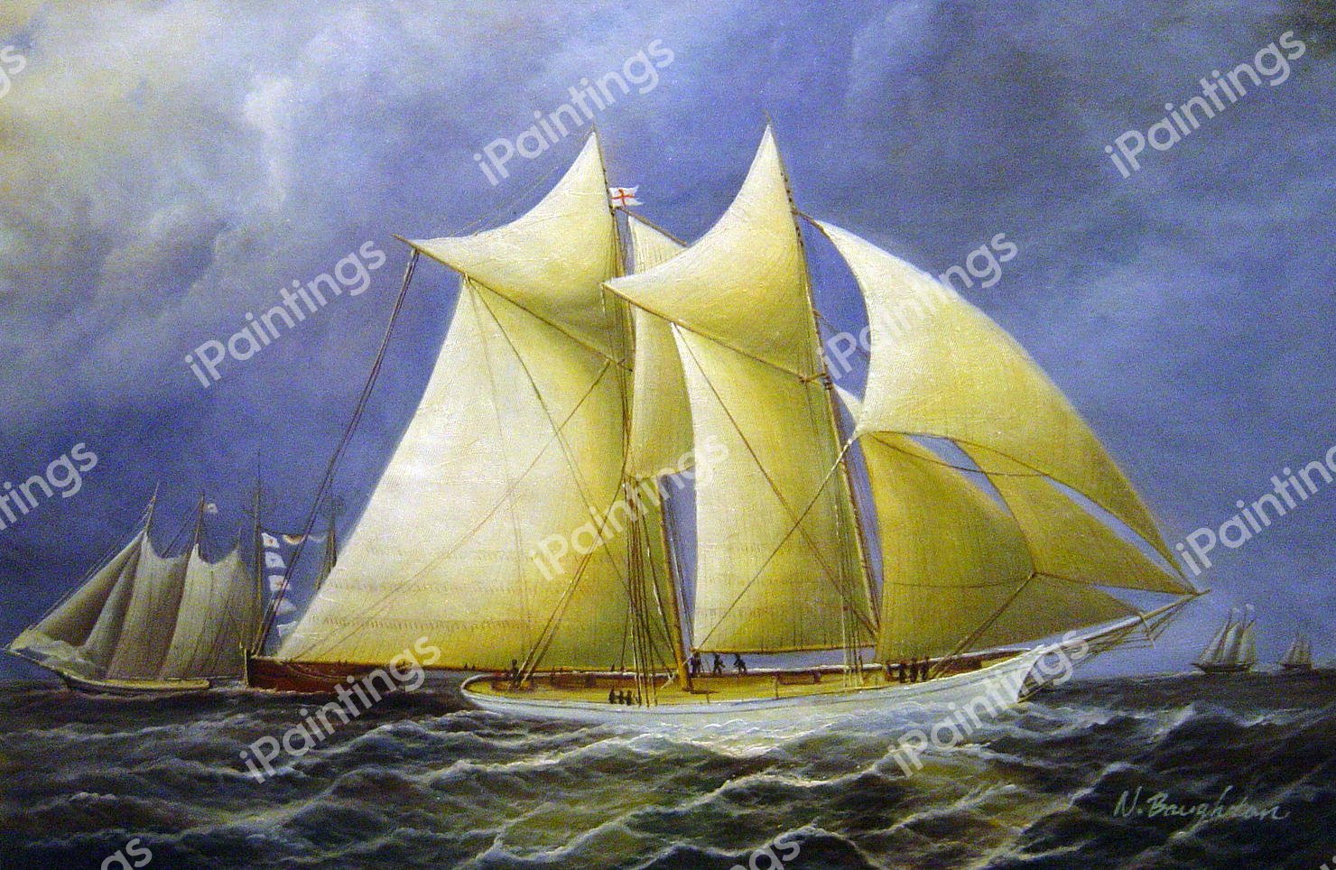 America&#39s Cup Class Yachts Racing In New York Harbor. The painting by James Edward Buttersworth