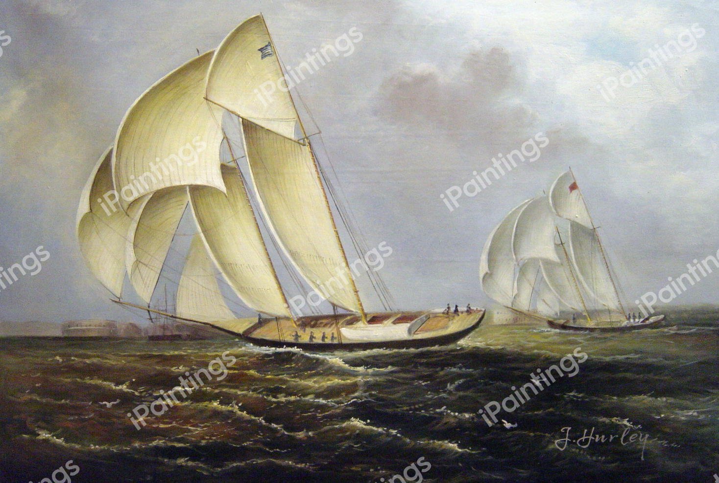 America's Cup Class Yachts Racing In New York Harbor. The painting by James Edward Buttersworth