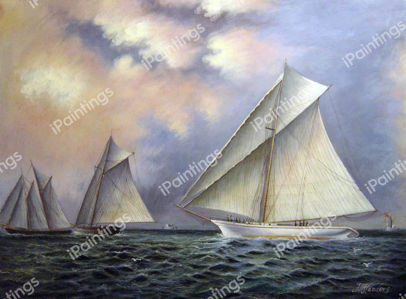 Mischief and Gracie, America's Cup Trial Race. The painting by James Edward Buttersworth