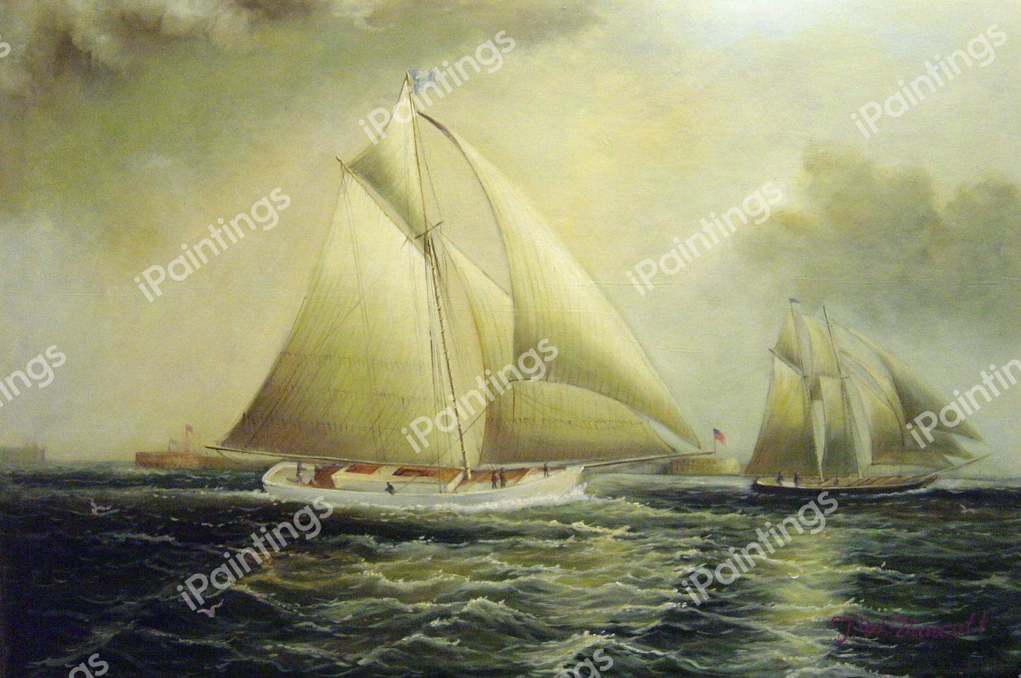 Yachting In New York Harbor. The painting by James Edward Buttersworth