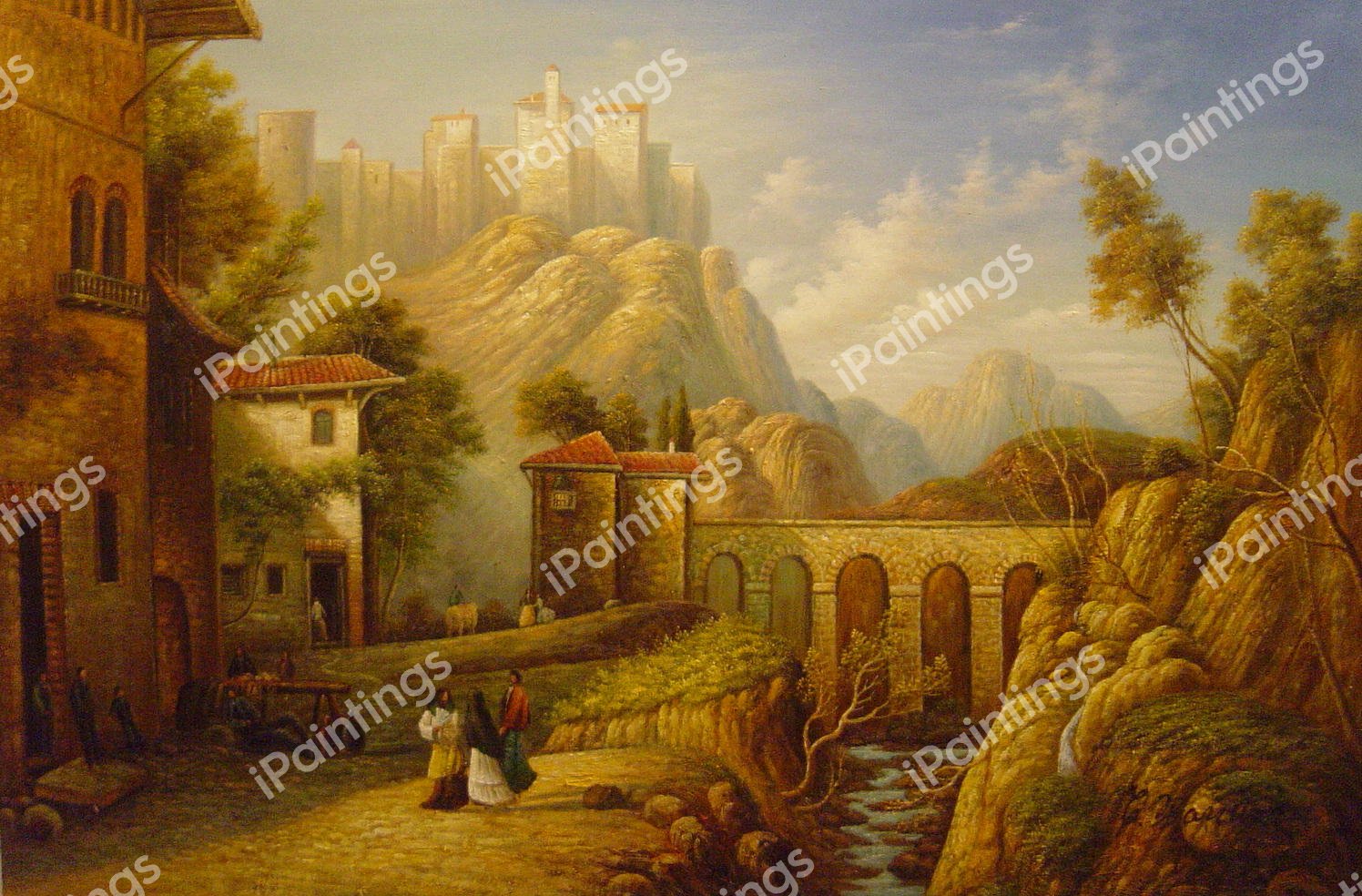 Mediterranean Landscape With Villagers. The painting by James Webb